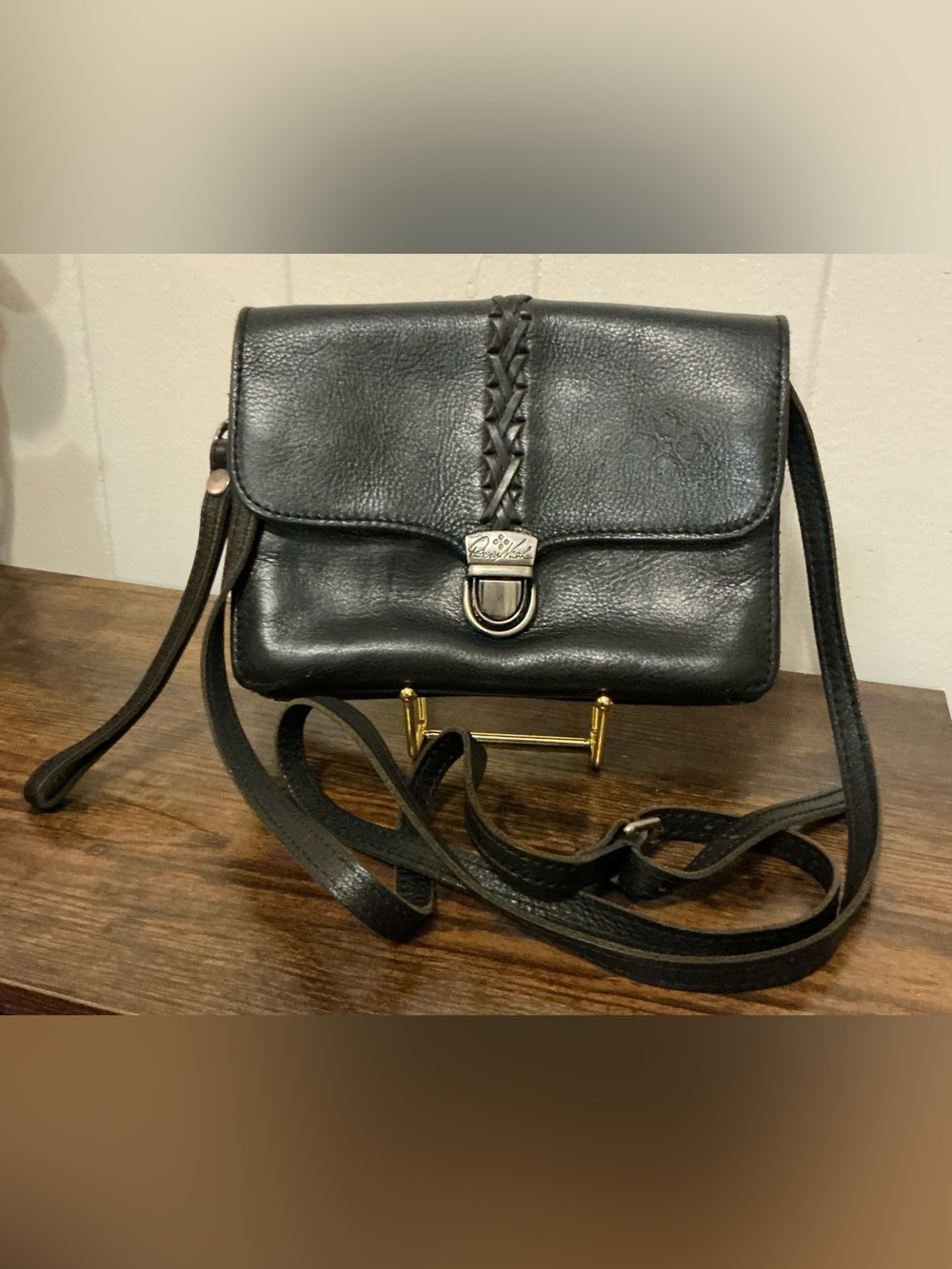 Rare Vintage Black Leather Patricia Nash Bianco Crossbody Organizer Handbag Bag